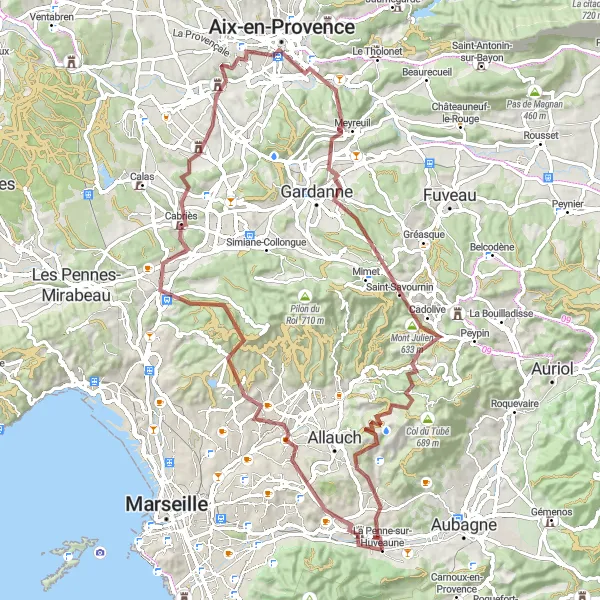 Miniature de la carte de l'inspiration cycliste "Tour des Collines Aixoises" dans la Provence-Alpes-Côte d’Azur, France. Générée par le planificateur d'itinéraire cycliste Tarmacs.app