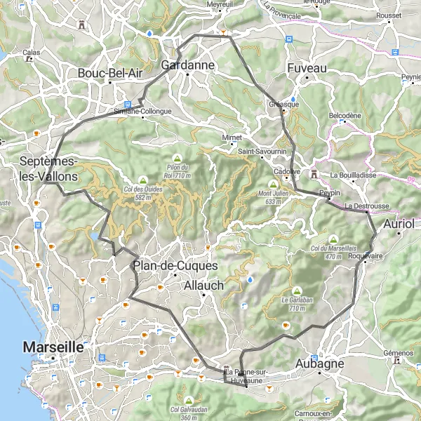 Kartminiatyr av "Rundtur genom 11th Arrondissement - Le Petit Sanguin - Septèmes-les-Vallons - Gardanne - Cadolive - La Cride - Le Ruissatel - Château de la Reynarde" cykelinspiration i Provence-Alpes-Côte d’Azur, France. Genererad av Tarmacs.app cykelruttplanerare