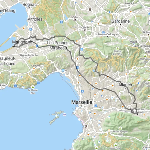 Kartminiatyr av "Runt om i Marseille" cykelinspiration i Provence-Alpes-Côte d’Azur, France. Genererad av Tarmacs.app cykelruttplanerare