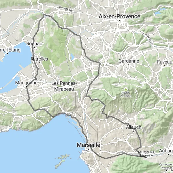 Zemljevid v pomanjšavi "Pot do Marseille" kolesarske inspiracije v Provence-Alpes-Côte d’Azur, France. Generirano z načrtovalcem kolesarskih poti Tarmacs.app