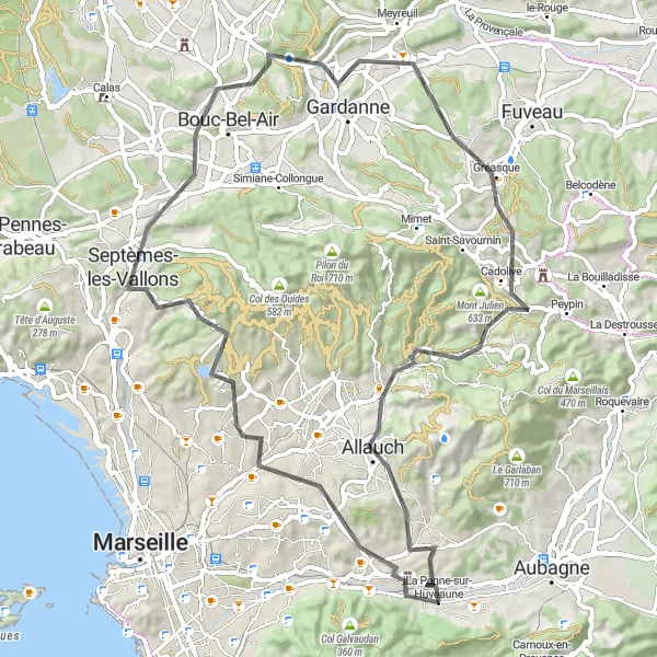 Zemljevid v pomanjšavi "Scenic Cestna Pot proti La Penne-sur-Huveaune" kolesarske inspiracije v Provence-Alpes-Côte d’Azur, France. Generirano z načrtovalcem kolesarskih poti Tarmacs.app