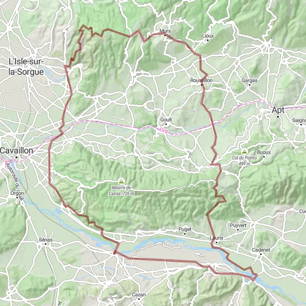 Miniatua del mapa de inspiración ciclista "Ruta de Charleval a Lauris" en Provence-Alpes-Côte d’Azur, France. Generado por Tarmacs.app planificador de rutas ciclistas