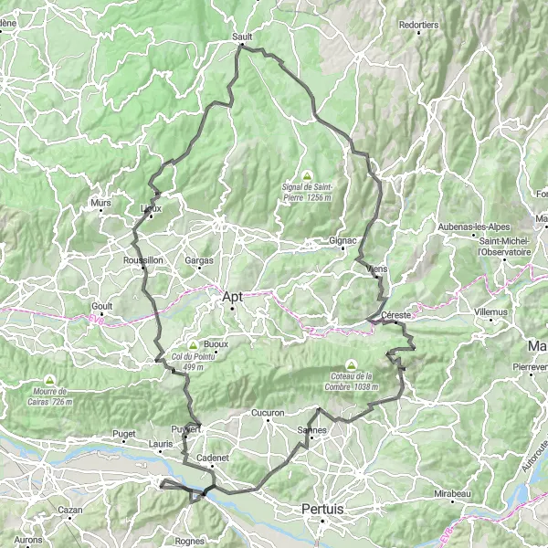 Miniature de la carte de l'inspiration cycliste "Parcours des Vallées" dans la Provence-Alpes-Côte d’Azur, France. Générée par le planificateur d'itinéraire cycliste Tarmacs.app