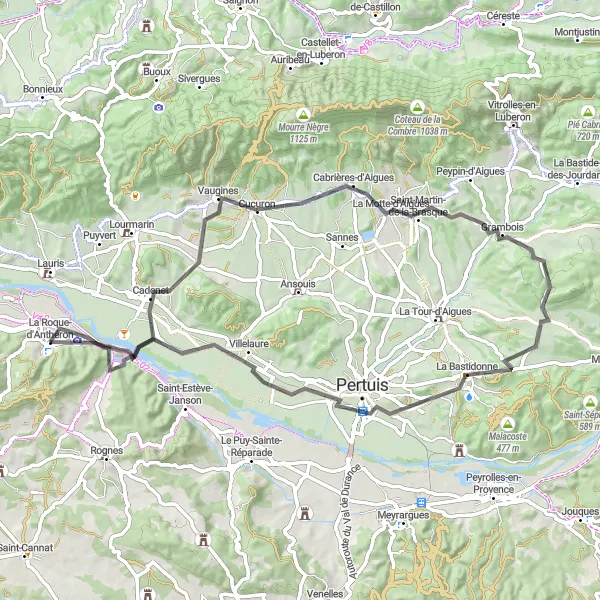 Mapa miniatúra "Jazdenie po cestách po okolí Cadenet" cyklistická inšpirácia v Provence-Alpes-Côte d’Azur, France. Vygenerované cyklistickým plánovačom trás Tarmacs.app