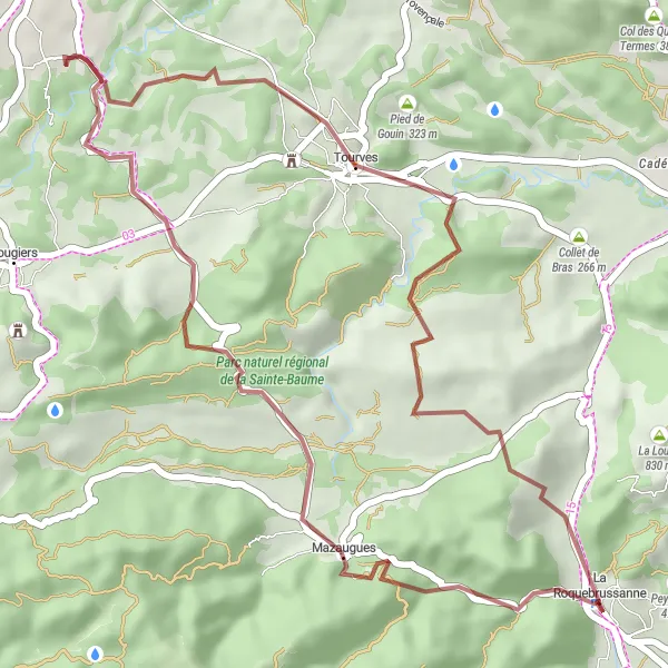 Zemljevid v pomanjšavi "Gravel Route from La Roquebrussanne" kolesarske inspiracije v Provence-Alpes-Côte d’Azur, France. Generirano z načrtovalcem kolesarskih poti Tarmacs.app