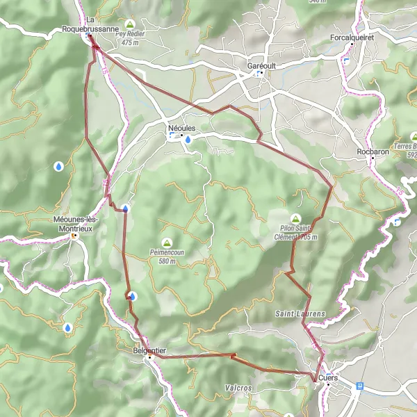 Mapa miniatúra "Divoký gravelový okruh s výstupom na 755 metrov a dĺžkou 38 km" cyklistická inšpirácia v Provence-Alpes-Côte d’Azur, France. Vygenerované cyklistickým plánovačom trás Tarmacs.app