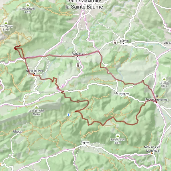 Map miniature of "Challenging Gravel Adventure: Le Mourre d'Agnis and Montmorin" cycling inspiration in Provence-Alpes-Côte d’Azur, France. Generated by Tarmacs.app cycling route planner