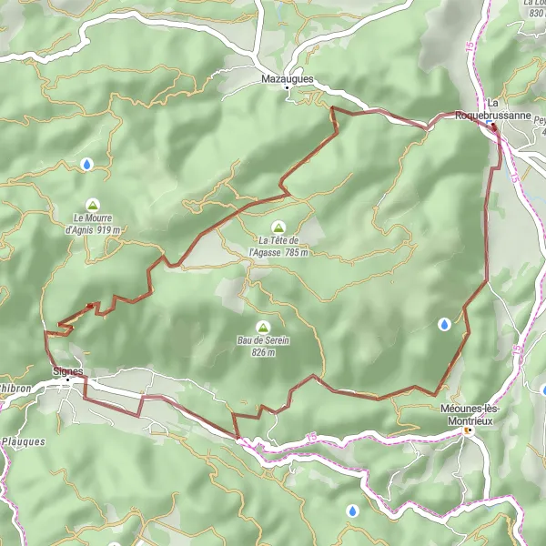 Miniatuurkaart van de fietsinspiratie "Graveltocht van La Roquebrussanne naar La Tête de l'Agasse" in Provence-Alpes-Côte d’Azur, France. Gemaakt door de Tarmacs.app fietsrouteplanner