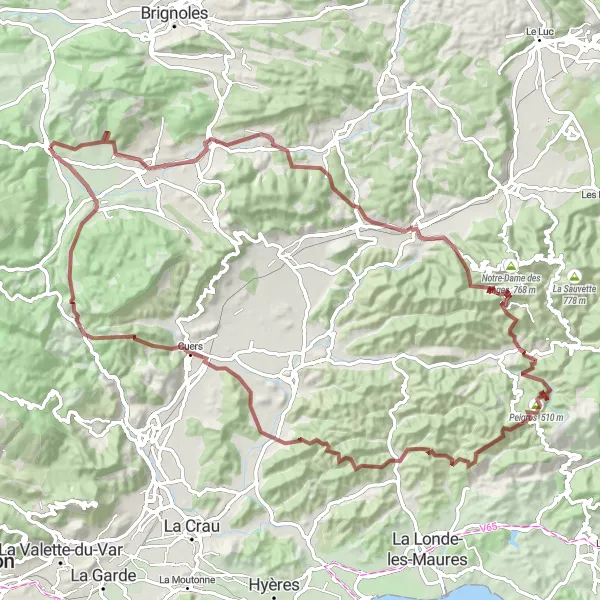 Miniaturní mapa "Extrémní gravelová trasa kolem La Roquebrussanne" inspirace pro cyklisty v oblasti Provence-Alpes-Côte d’Azur, France. Vytvořeno pomocí plánovače tras Tarmacs.app