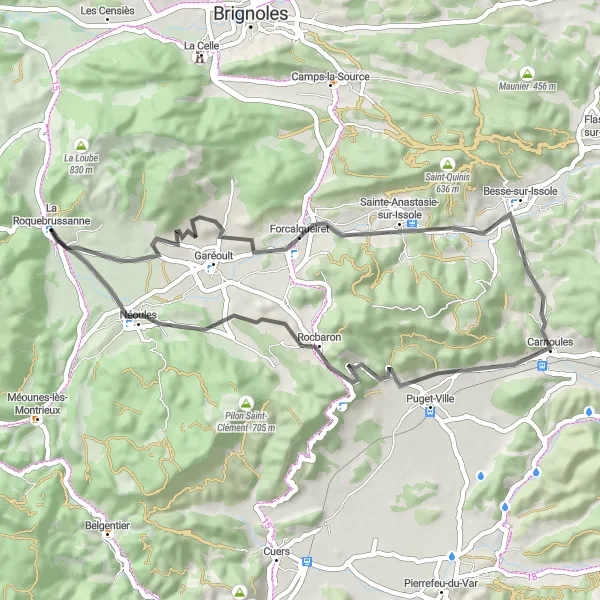 Kartminiatyr av "Den rullende landsbyen La Roquebrussanne og omgivelsene" sykkelinspirasjon i Provence-Alpes-Côte d’Azur, France. Generert av Tarmacs.app sykkelrutoplanlegger