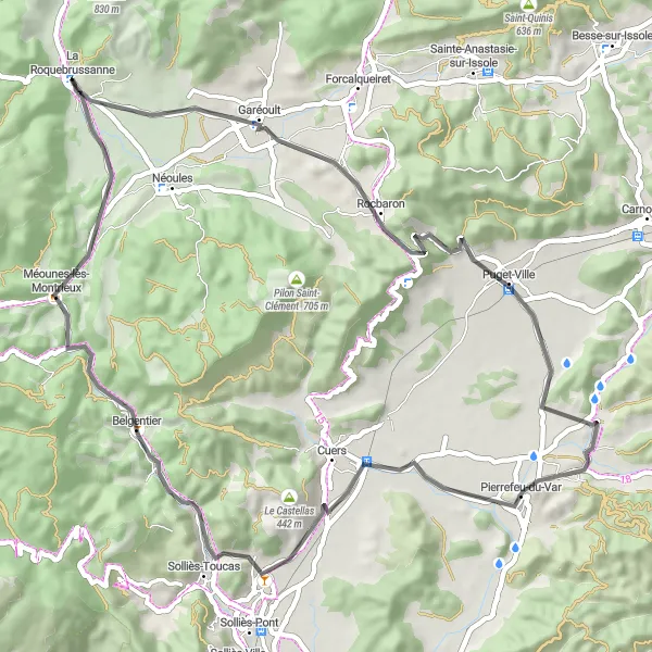 Miniaturní mapa "Silniční trasa do okolí La Roquebrussanne" inspirace pro cyklisty v oblasti Provence-Alpes-Côte d’Azur, France. Vytvořeno pomocí plánovače tras Tarmacs.app
