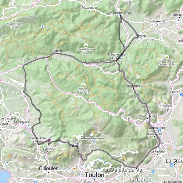 Miniaturní mapa "Cesta kolem La Roquebrussanne" inspirace pro cyklisty v oblasti Provence-Alpes-Côte d’Azur, France. Vytvořeno pomocí plánovače tras Tarmacs.app