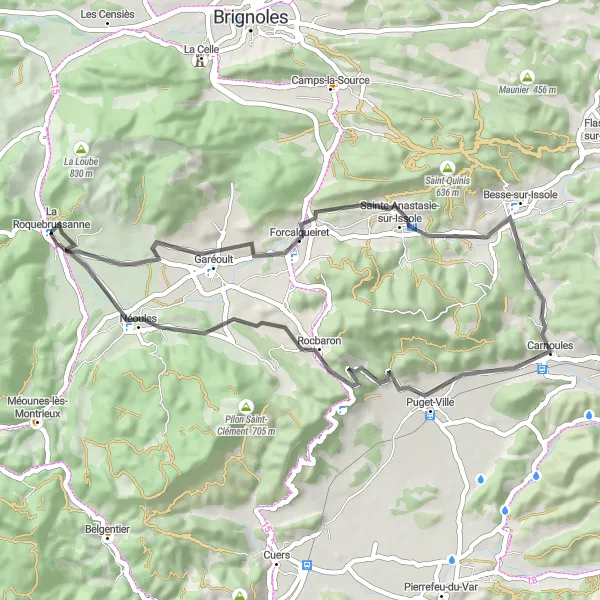 Mapa miniatúra "Cesta cez Forcalqueiret a Carnoules" cyklistická inšpirácia v Provence-Alpes-Côte d’Azur, France. Vygenerované cyklistickým plánovačom trás Tarmacs.app