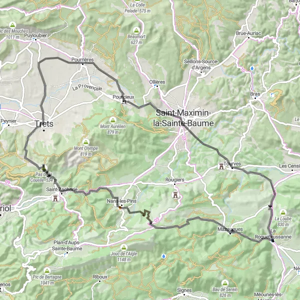 Miniatuurkaart van de fietsinspiratie "Roadtrip vol hoogtepunten rondom La Roquebrussanne" in Provence-Alpes-Côte d’Azur, France. Gemaakt door de Tarmacs.app fietsrouteplanner
