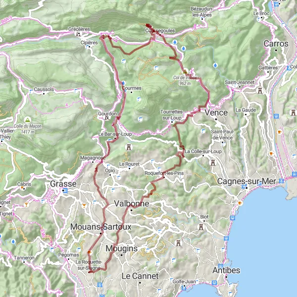 Kartminiatyr av "Grusom, utfordrende rute gjennom Grasse og Coursegoules" sykkelinspirasjon i Provence-Alpes-Côte d’Azur, France. Generert av Tarmacs.app sykkelrutoplanlegger