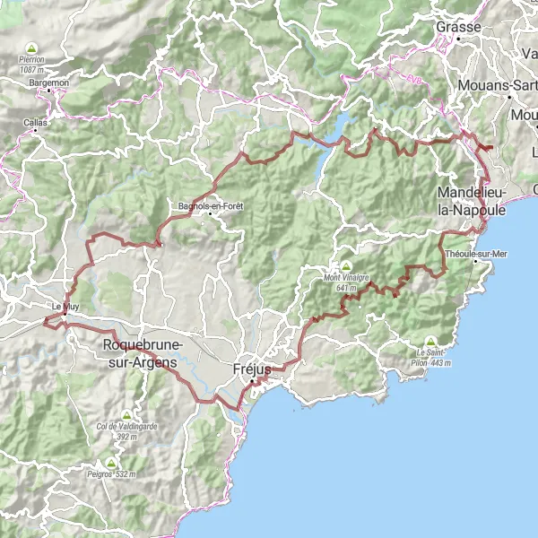 Miniaturní mapa "Cyklistická trasa na štěrkovém povrchu v okolí La Roquette-sur-Siagne" inspirace pro cyklisty v oblasti Provence-Alpes-Côte d’Azur, France. Vytvořeno pomocí plánovače tras Tarmacs.app