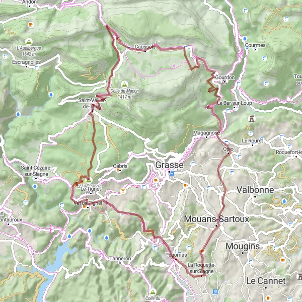 Kartminiatyr av "Utforsk det naturskjønne landskapet fra Pégomas til Les Peyroux" sykkelinspirasjon i Provence-Alpes-Côte d’Azur, France. Generert av Tarmacs.app sykkelrutoplanlegger
