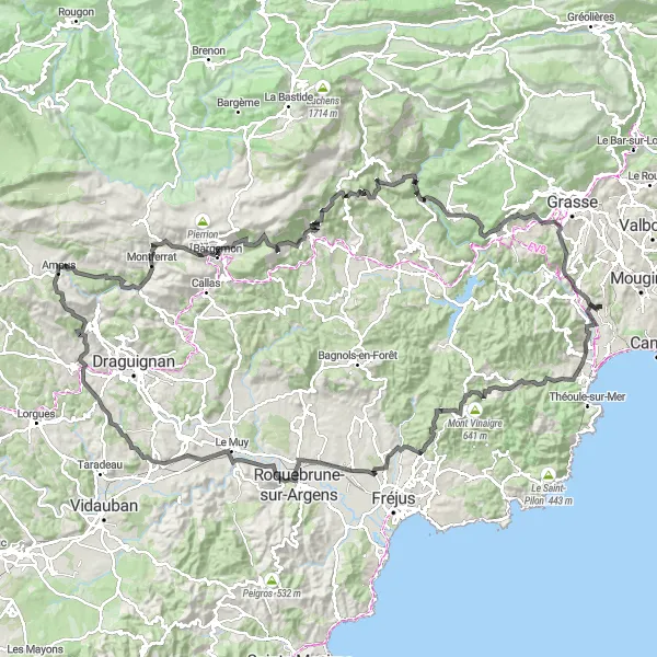 Zemljevid v pomanjšavi "Cestno kolesarjenje do Bargemona" kolesarske inspiracije v Provence-Alpes-Côte d’Azur, France. Generirano z načrtovalcem kolesarskih poti Tarmacs.app