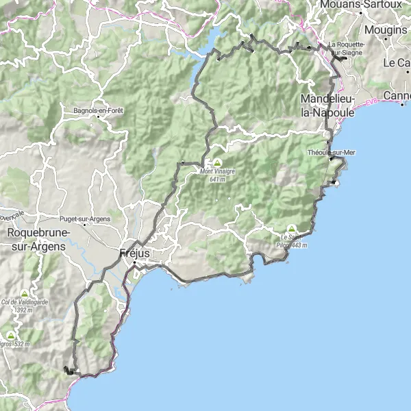 Miniaturní mapa "Cyklistická trasa na silnici v okolí La Roquette-sur-Siagne" inspirace pro cyklisty v oblasti Provence-Alpes-Côte d’Azur, France. Vytvořeno pomocí plánovače tras Tarmacs.app