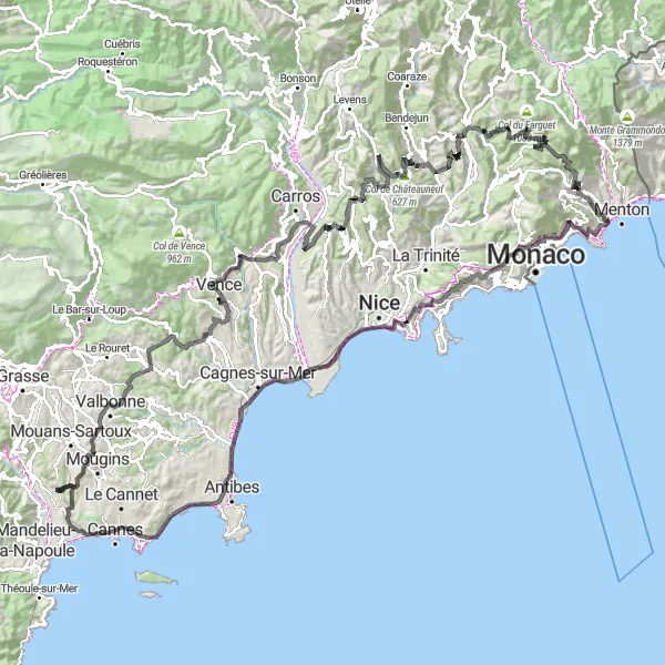 Map miniature of "The Ultimate Riviera Cycling Challenge" cycling inspiration in Provence-Alpes-Côte d’Azur, France. Generated by Tarmacs.app cycling route planner