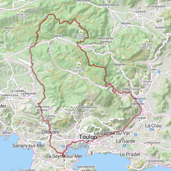 Miniaturní mapa "Gravelový okruh s náročnými výstupy" inspirace pro cyklisty v oblasti Provence-Alpes-Côte d’Azur, France. Vytvořeno pomocí plánovače tras Tarmacs.app