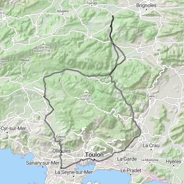 Miniatura mapy "Trasa w okolicach La Seyne-sur-Mer przez Évenos i Sainte-Croix" - trasy rowerowej w Provence-Alpes-Côte d’Azur, France. Wygenerowane przez planer tras rowerowych Tarmacs.app