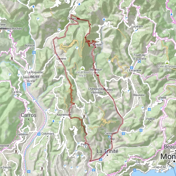 Miniaturní mapa "Gravelový okruh kolem La Trinité" inspirace pro cyklisty v oblasti Provence-Alpes-Côte d’Azur, France. Vytvořeno pomocí plánovače tras Tarmacs.app