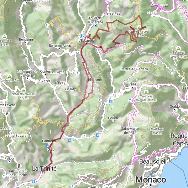 Zemljevid v pomanjšavi "Razgibana pot skozi hribe okoli La Trinité" kolesarske inspiracije v Provence-Alpes-Côte d’Azur, France. Generirano z načrtovalcem kolesarskih poti Tarmacs.app