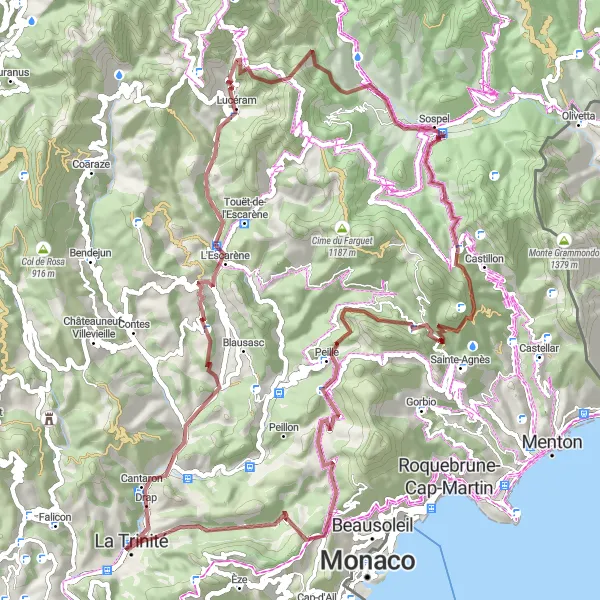 Miniatua del mapa de inspiración ciclista "Ruta de ciclismo de grava desde La Trinité" en Provence-Alpes-Côte d’Azur, France. Generado por Tarmacs.app planificador de rutas ciclistas