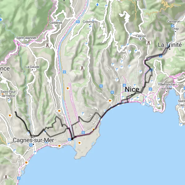 Karttaminiaatyyri "Maantiepyöräilyreitti Nizzasta Saint-André-de-la-Rocheen" pyöräilyinspiraatiosta alueella Provence-Alpes-Côte d’Azur, France. Luotu Tarmacs.app pyöräilyreittisuunnittelijalla