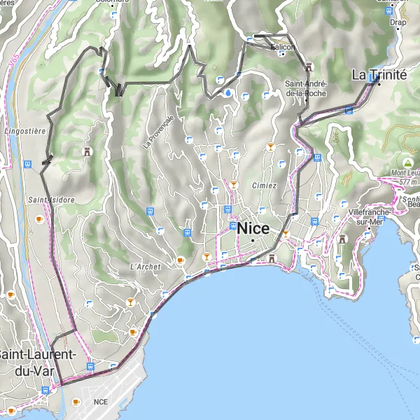 Kartminiatyr av "Nice til Saint-André-de-la-Roche på landevei" sykkelinspirasjon i Provence-Alpes-Côte d’Azur, France. Generert av Tarmacs.app sykkelrutoplanlegger