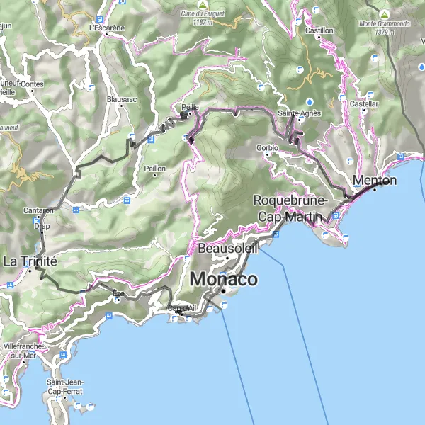 Map miniature of "Road Cycling Adventure near La Trinité" cycling inspiration in Provence-Alpes-Côte d’Azur, France. Generated by Tarmacs.app cycling route planner