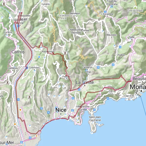 Kartminiatyr av "Gruscykling runt La Turbie" cykelinspiration i Provence-Alpes-Côte d’Azur, France. Genererad av Tarmacs.app cykelruttplanerare
