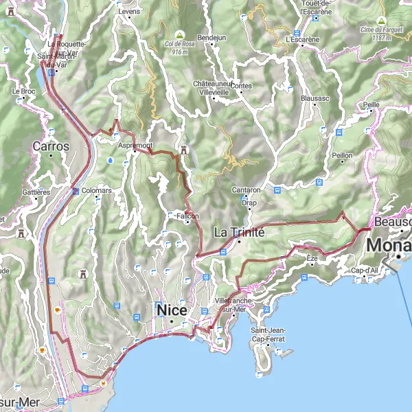 Miniature de la carte de l'inspiration cycliste "Itinéraire de cyclisme tout-terrain près de La Turbie" dans la Provence-Alpes-Côte d’Azur, France. Générée par le planificateur d'itinéraire cycliste Tarmacs.app