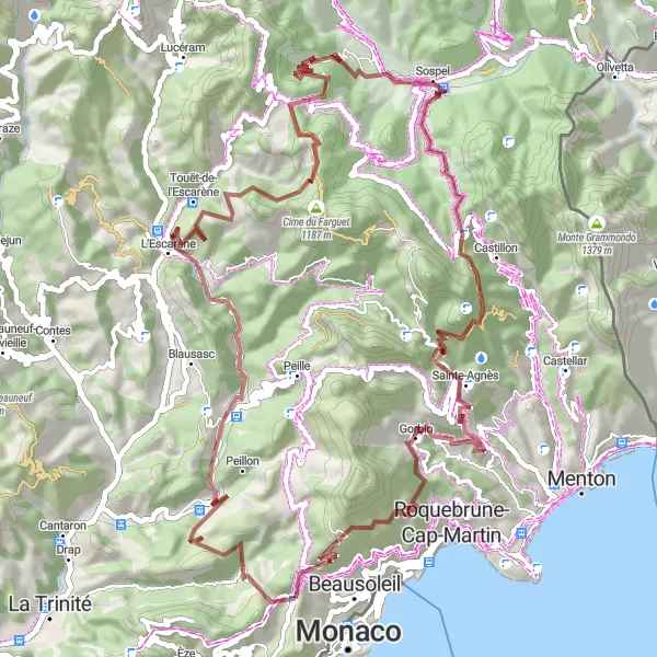 Kartminiatyr av "Äventyrsgruscykling runt La Turbie" cykelinspiration i Provence-Alpes-Côte d’Azur, France. Genererad av Tarmacs.app cykelruttplanerare