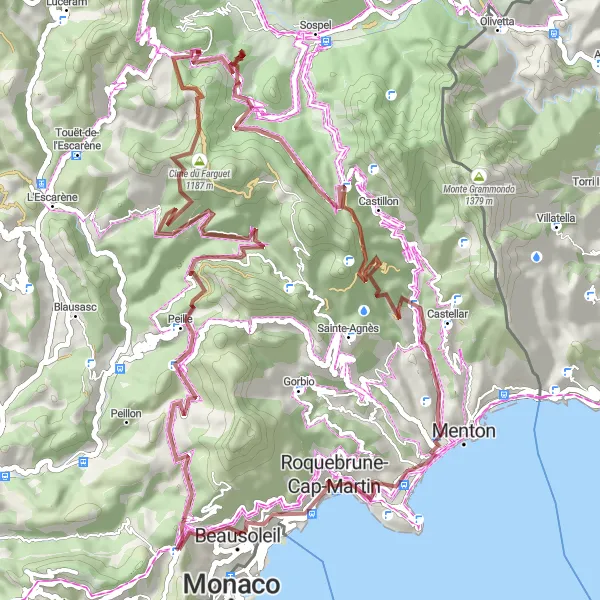 Map miniature of "La Turbie to Monte-Carlo Gravel Route" cycling inspiration in Provence-Alpes-Côte d’Azur, France. Generated by Tarmacs.app cycling route planner