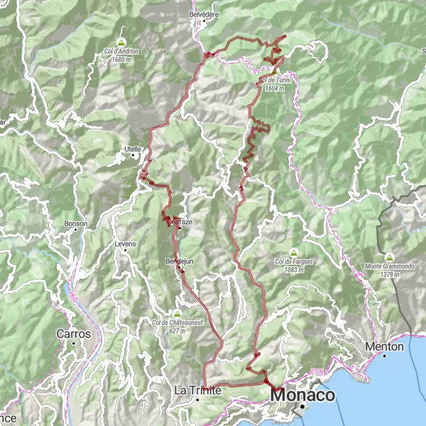 Miniatura mapy "Trasa Gravel dookol La Turbie" - trasy rowerowej w Provence-Alpes-Côte d’Azur, France. Wygenerowane przez planer tras rowerowych Tarmacs.app
