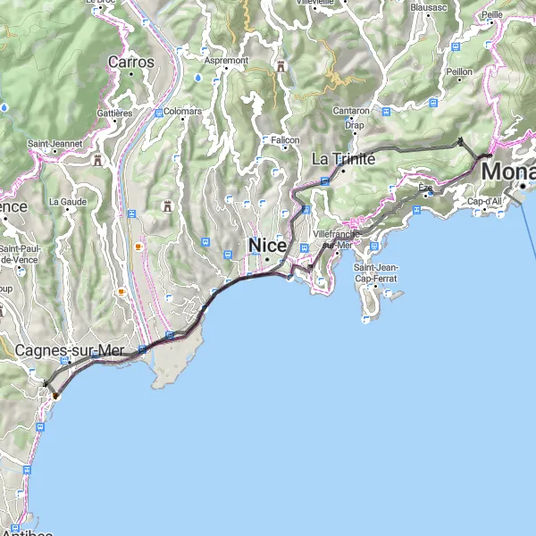 Miniaturní mapa "Road Col d'Èze to Le Castello Loop" inspirace pro cyklisty v oblasti Provence-Alpes-Côte d’Azur, France. Vytvořeno pomocí plánovače tras Tarmacs.app