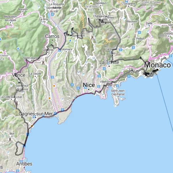 Map miniature of "La Turbie Loop" cycling inspiration in Provence-Alpes-Côte d’Azur, France. Generated by Tarmacs.app cycling route planner