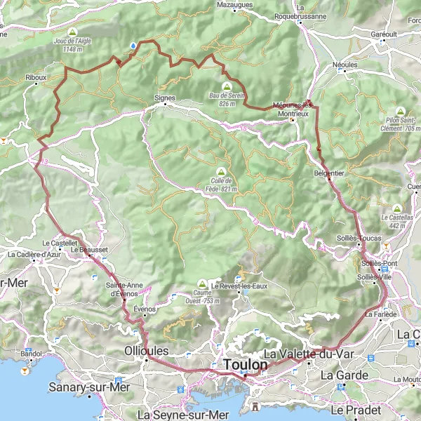 Karttaminiaatyyri "Kaunis kierros La Valette-du-Varista" pyöräilyinspiraatiosta alueella Provence-Alpes-Côte d’Azur, France. Luotu Tarmacs.app pyöräilyreittisuunnittelijalla