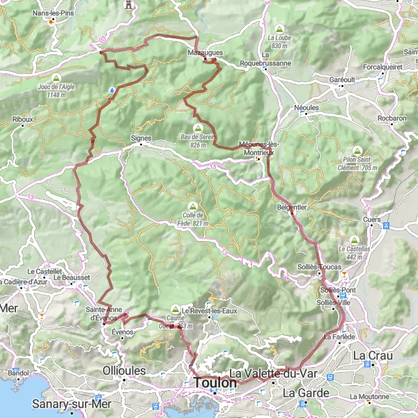 Map miniature of "Mazaugues Gravel Adventure" cycling inspiration in Provence-Alpes-Côte d’Azur, France. Generated by Tarmacs.app cycling route planner