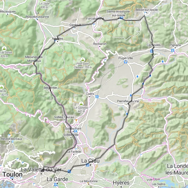 Miniature de la carte de l'inspiration cycliste "La Farlède to Le Thouar Road Route" dans la Provence-Alpes-Côte d’Azur, France. Générée par le planificateur d'itinéraire cycliste Tarmacs.app