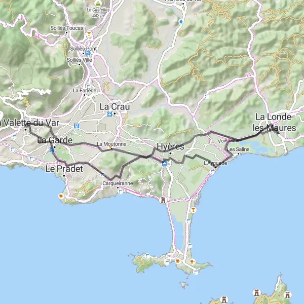 Kartminiatyr av "Vacker kustutflykt till La Londe-les-Maures" cykelinspiration i Provence-Alpes-Côte d’Azur, France. Genererad av Tarmacs.app cykelruttplanerare