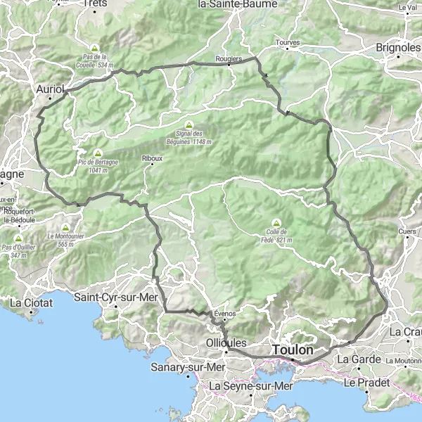 Map miniature of "Toulon and The Legendary Routes" cycling inspiration in Provence-Alpes-Côte d’Azur, France. Generated by Tarmacs.app cycling route planner