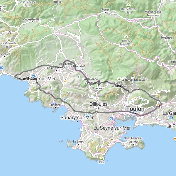 Karttaminiaatyyri "Vuoristomaisemat Toulonin ympäristössä" pyöräilyinspiraatiosta alueella Provence-Alpes-Côte d’Azur, France. Luotu Tarmacs.app pyöräilyreittisuunnittelijalla