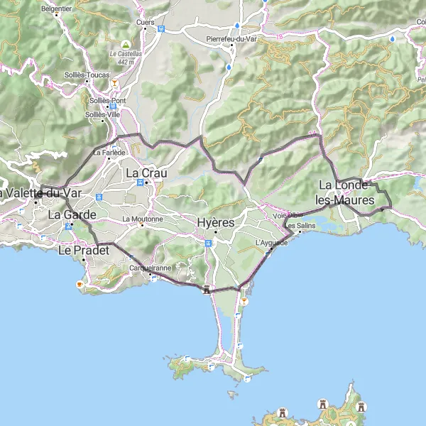 Karttaminiaatyyri "La Valette-du-Varin pyöräilyreitti" pyöräilyinspiraatiosta alueella Provence-Alpes-Côte d’Azur, France. Luotu Tarmacs.app pyöräilyreittisuunnittelijalla