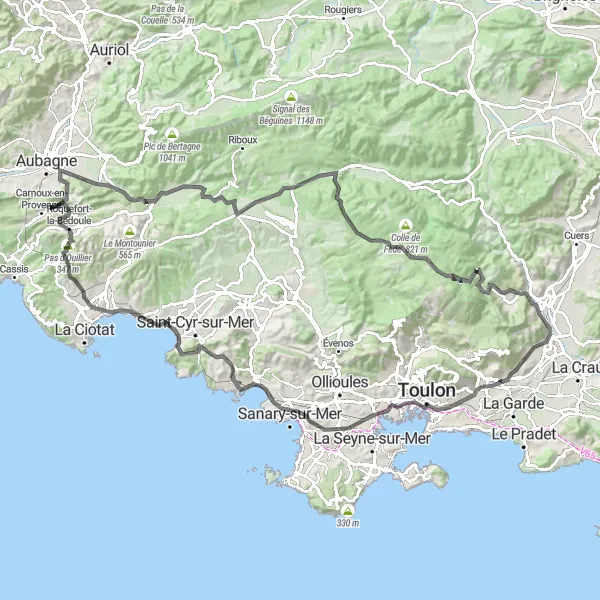 Miniaturní mapa "Výzva horských průsmyků kolem Toulonu" inspirace pro cyklisty v oblasti Provence-Alpes-Côte d’Azur, France. Vytvořeno pomocí plánovače tras Tarmacs.app