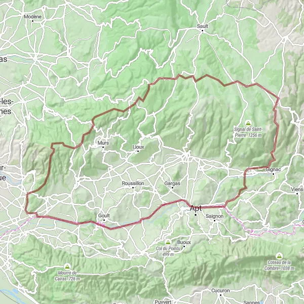 Miniatua del mapa de inspiración ciclista "Ruta de ciclismo de grava por Col de Murs y Apt" en Provence-Alpes-Côte d’Azur, France. Generado por Tarmacs.app planificador de rutas ciclistas