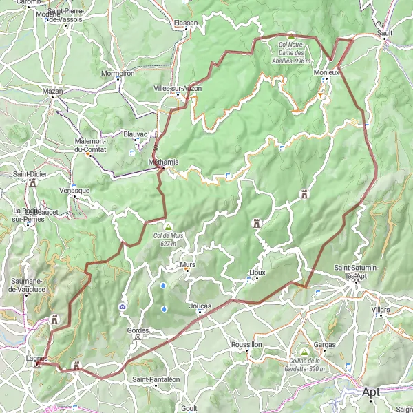 Zemljevid v pomanjšavi "Gorska avantura okoli Lagnesa" kolesarske inspiracije v Provence-Alpes-Côte d’Azur, France. Generirano z načrtovalcem kolesarskih poti Tarmacs.app