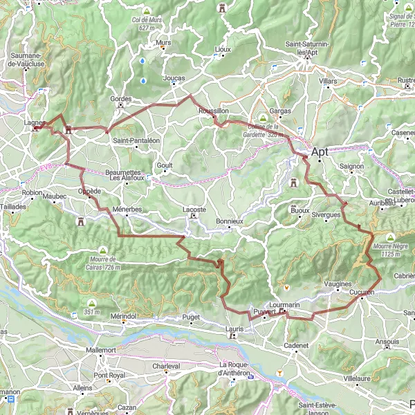 Kartminiatyr av "Gruskjøring gjennom Luberon-fjellene" sykkelinspirasjon i Provence-Alpes-Côte d’Azur, France. Generert av Tarmacs.app sykkelrutoplanlegger